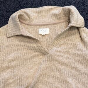 Beige Ribbed Collared Sweater